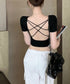 背中あきトップス カップ付き ブラトップ カットソー レディース 丸首ネックTシャツ バッククロス 韓国風 バックオープン 短い丈 無地お洒落ヨガウェア セクシー 89BEIM-001